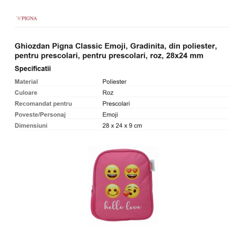 Ghiozdan Pigna Classic Emoji, din poliester, pentru prescolari, roz, 28x24 mm [2]