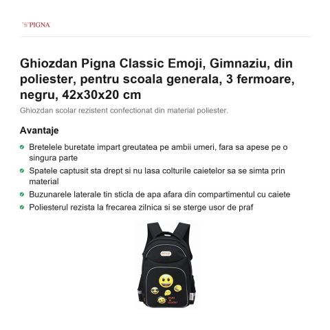 Ghiozdan Pigna Classic Emoji, din poliester, pentru scoala generala, 3 fermoare, negru, 42x30x20 cm [1]