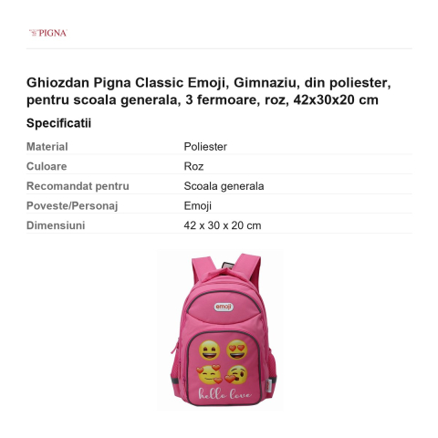 Ghiozdan Pigna Classic Emoji, din poliester, pentru scoala generala, 3 fermoare, roz, 42x30x20 cm [2]