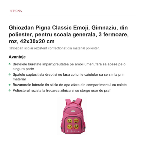 Ghiozdan Pigna Classic Emoji, din poliester, pentru scoala generala, 3 fermoare, roz, 42x30x20 cm [1]