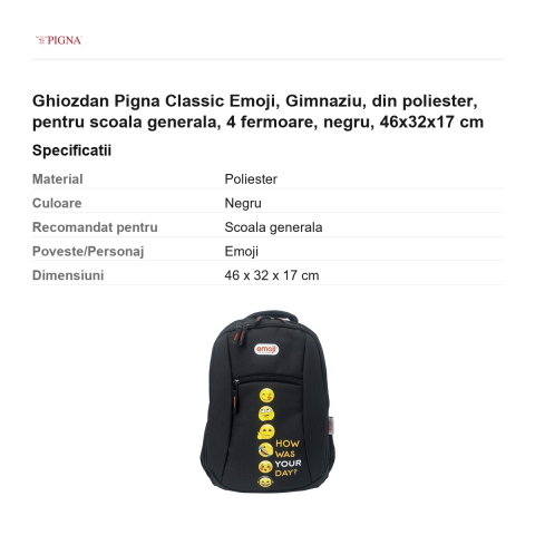 Ghiozdan Pigna Classic Emoji, din poliester, pentru scoala generala, 4 fermoare, negru, 46x32x17 cm [2]