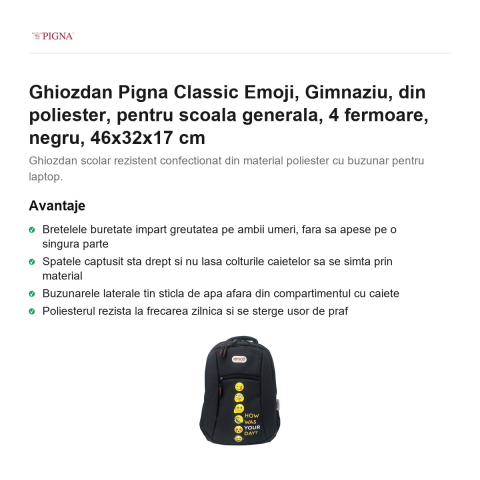 Ghiozdan Pigna Classic Emoji, din poliester, pentru scoala generala, 4 fermoare, negru, 46x32x17 cm [1]