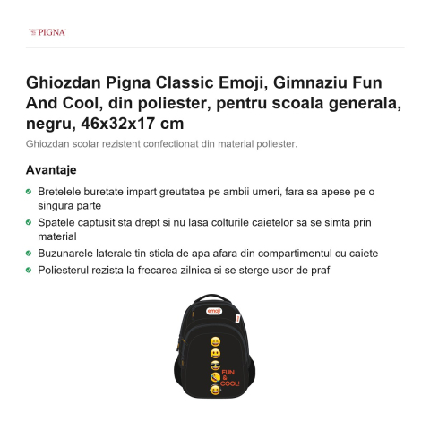 Ghiozdan Pigna Classic Emoji, din poliester, pentru scoala generala, fun and cool, negru, 46x32x17 cm [1]