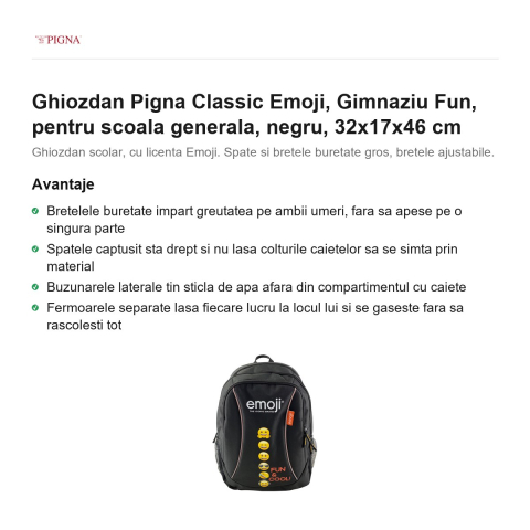 Ghiozdan Pigna Classic Emoji, pentru scoala generala, fun, negru, 32x17x46 cm [1]