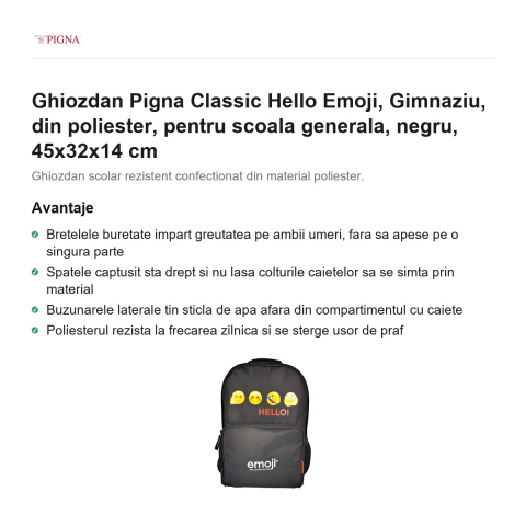 Ghiozdan Pigna Classic Hello Emoji, din poliester, pentru scoala generala, negru, 45x32x14 cm [1]