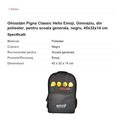 Ghiozdan Pigna Classic Hello Emoji, din poliester, pentru scoala generala, negru, 45x32x14 cm [2]