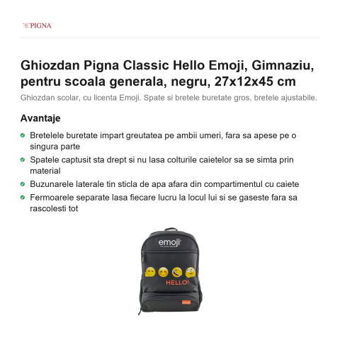 Ghiozdan Pigna Classic Hello Emoji, pentru scoala generala, negru, 27x12x45 cm [1]