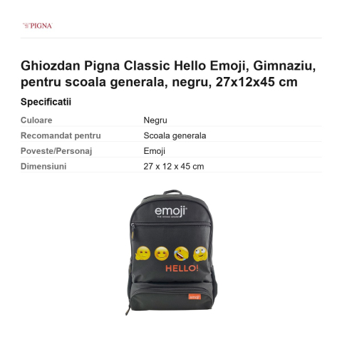 Ghiozdan Pigna Classic Hello Emoji, pentru scoala generala, negru, 27x12x45 cm [2]