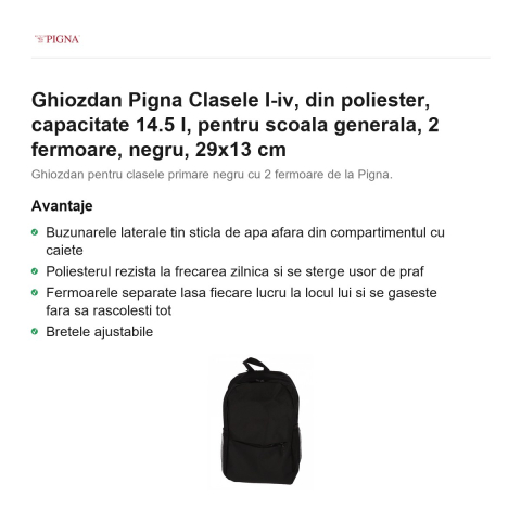 Ghiozdan Pigna, din poliester, capacitate 14.5 l, pentru scoala generala, I-IV 2 fermoare, negru, 29x13 cm [1]