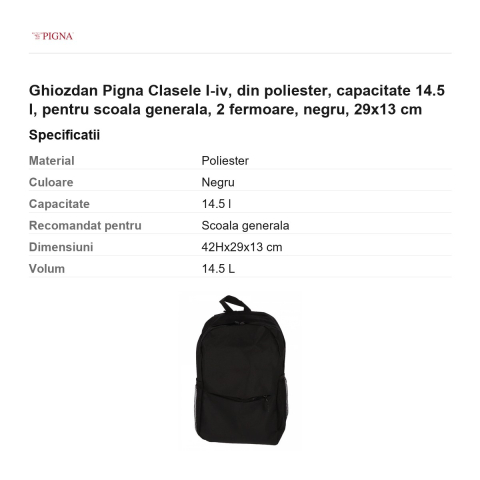 Ghiozdan Pigna, din poliester, capacitate 14.5 l, pentru scoala generala, I-IV 2 fermoare, negru, 29x13 cm [2]