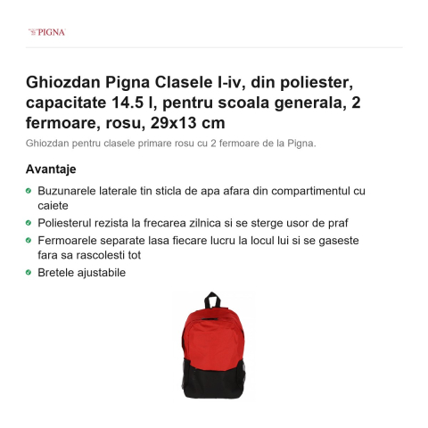 Ghiozdan Pigna, din poliester, capacitate 14.5 l, pentru scoala generala, I-IV 2 fermoare, rosu, 29x13 cm [1]