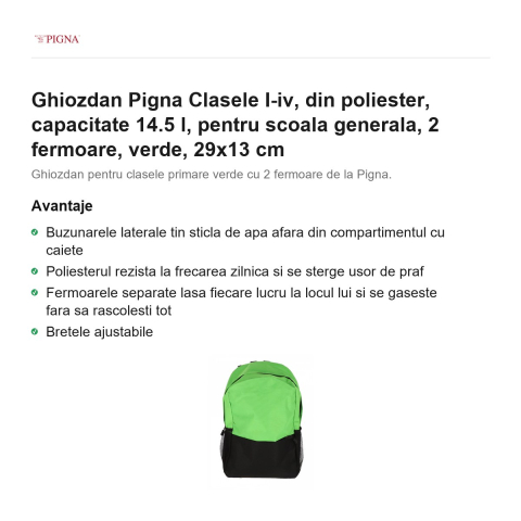 Ghiozdan Pigna, din poliester, capacitate 14.5 l, pentru scoala generala, I-IV 2 fermoare, verde, 29x13 cm [1]