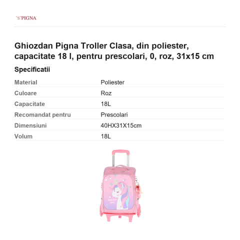 Ghiozdan Pigna, din poliester, capacitate 18 l, pentru prescolari, troller, roz, 31x15 cm [2]