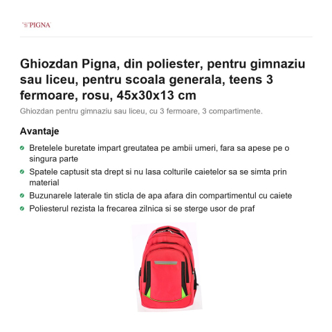 Ghiozdan Pigna, din poliester, pentru gimnaziu sau liceu, teens 3 fermoare, rosu, 45x30x13 cm [1]