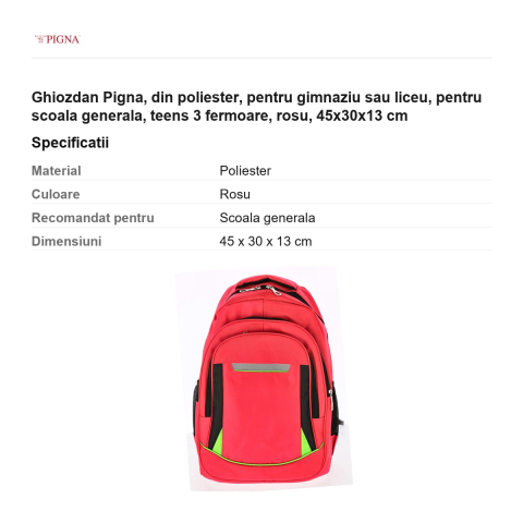 Ghiozdan Pigna, din poliester, pentru gimnaziu sau liceu, teens 3 fermoare, rosu, 45x30x13 cm [2]