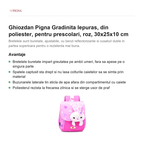 Ghiozdan Pigna, din poliester, pentru prescolari, iepuras, roz, 30x25x10 cm [1]