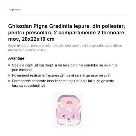Ghiozdan Pigna, din poliester, pentru prescolari, iepure 2 compartimente 2 fermoare, mov, 28x22x10 cm [1]