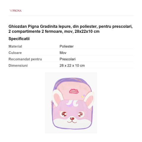 Ghiozdan Pigna, din poliester, pentru prescolari, iepure 2 compartimente 2 fermoare, mov, 28x22x10 cm [2]