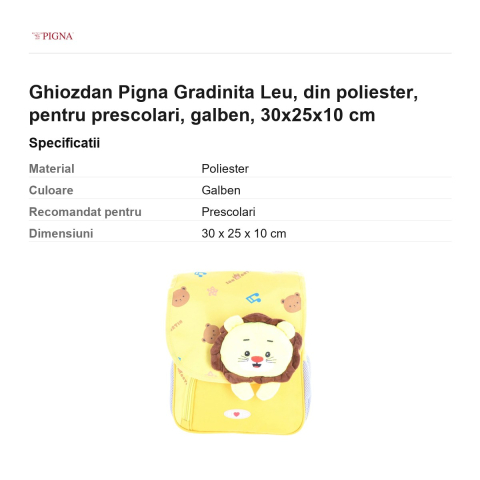 Ghiozdan Pigna, din poliester, pentru prescolari, leu, galben, 30x25x10 cm [2]