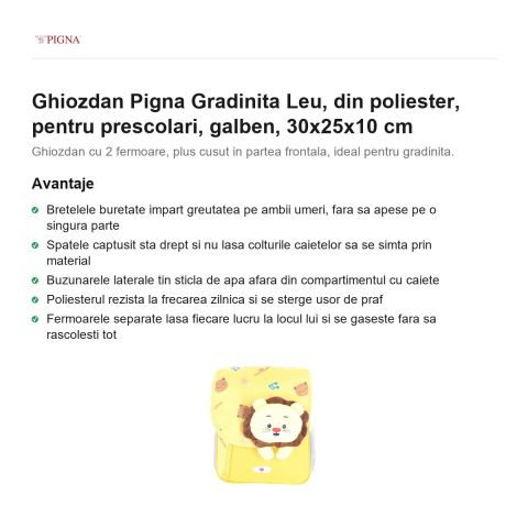 Ghiozdan Pigna, din poliester, pentru prescolari, leu, galben, 30x25x10 cm [1]