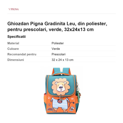 Ghiozdan Pigna, din poliester, pentru prescolari, leu, verde, 32x24x13 cm [2]