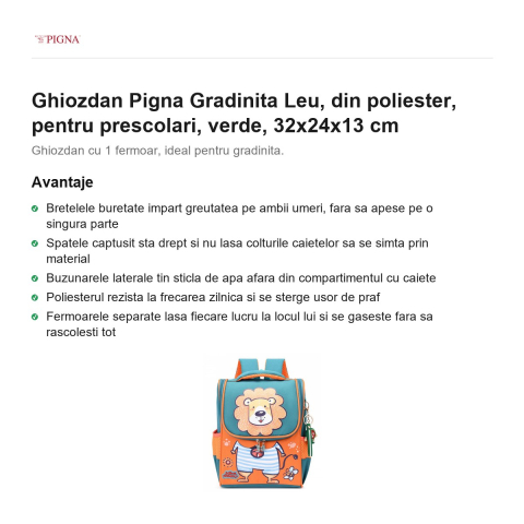 Ghiozdan Pigna, din poliester, pentru prescolari, leu, verde, 32x24x13 cm [1]