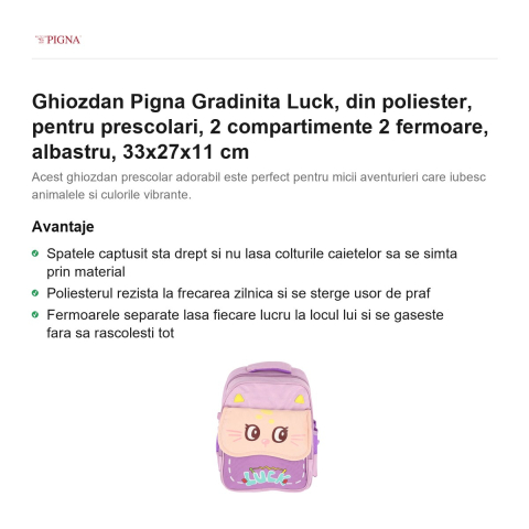 Ghiozdan Pigna, din poliester, pentru prescolari, luck 2 compartimente 2 fermoare, albastru, 33x27x11 cm [1]