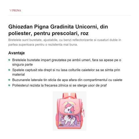 Ghiozdan Pigna, din poliester, pentru prescolari, unicorni, roz [1]