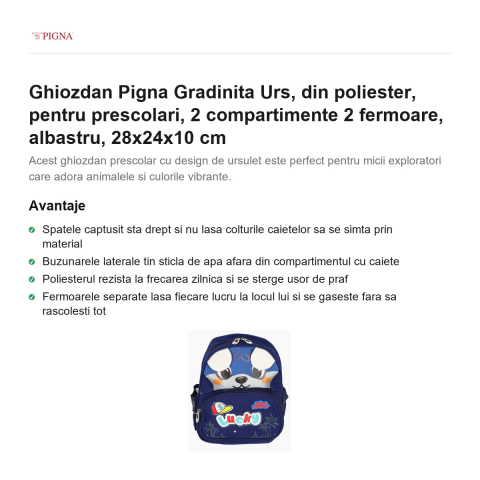 Ghiozdan Pigna, din poliester, pentru prescolari, urs 2 compartimente 2 fermoare, albastru, 28x24x10 cm [1]
