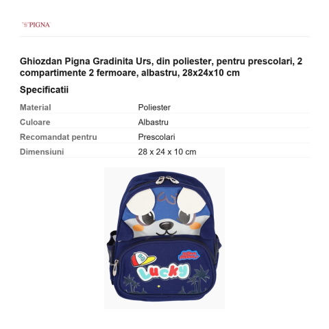 Ghiozdan Pigna, din poliester, pentru prescolari, urs 2 compartimente 2 fermoare, albastru, 28x24x10 cm [2]