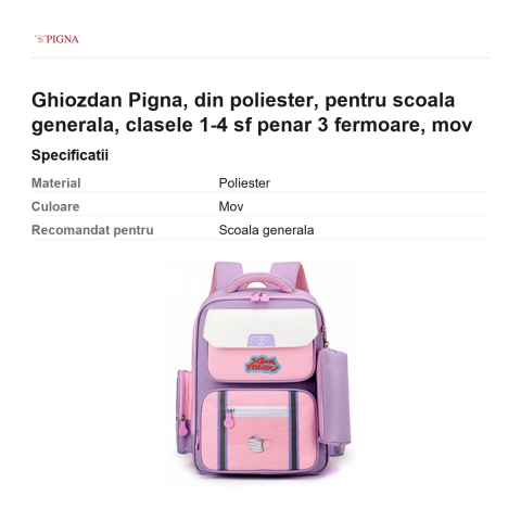Ghiozdan Pigna, din poliester, pentru scoala generala, sf penar 3 fermoare, mov [2]