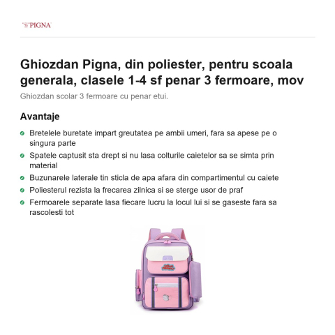 Ghiozdan Pigna, din poliester, pentru scoala generala, sf penar 3 fermoare, mov [1]