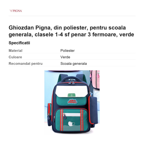 Ghiozdan Pigna, din poliester, pentru scoala generala, sf penar 3 fermoare, verde [2]