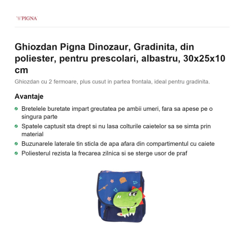Ghiozdan Pigna Dinozaur, din poliester, pentru prescolari, albastru, 30x25x10 cm [1]
