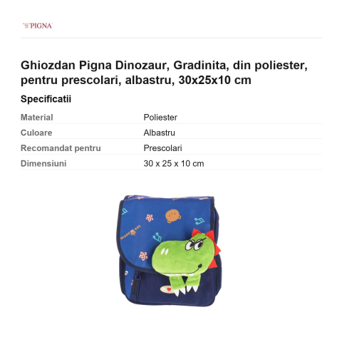 Ghiozdan Pigna Dinozaur, din poliester, pentru prescolari, albastru, 30x25x10 cm [2]