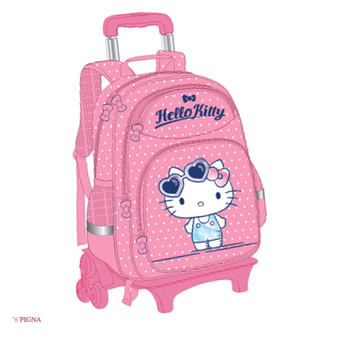 Ghiozdane si rucsacuri scolare - Ghiozdan Pigna Dots Hello Kitty, din poliester, troller clasele I-IV roz, negru