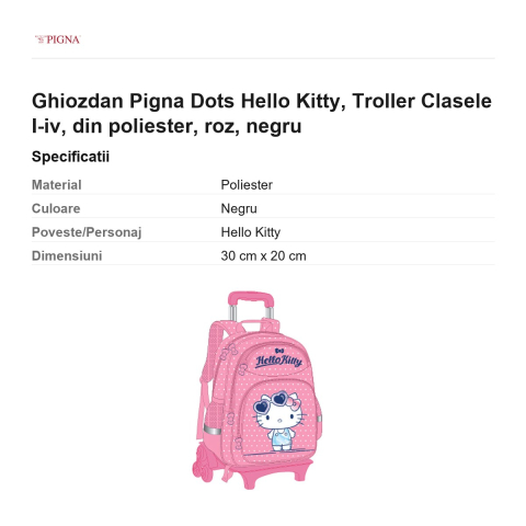 Ghiozdan Pigna Dots Hello Kitty, din poliester, troller clasele I-IV roz, negru [2]
