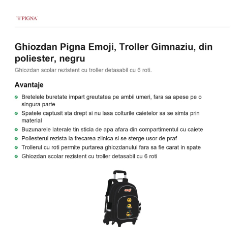 Ghiozdan Pigna Emoji, din poliester, troller gimnaziu, negru [1]