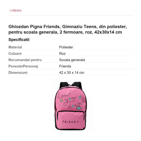 Ghiozdan Pigna Friends, din poliester, pentru scoala generala, teens 2 fermoare, roz, 42x30x14 cm [2]
