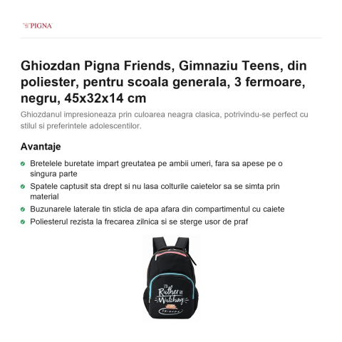 Ghiozdan Pigna Friends, din poliester, pentru scoala generala, teens 3 fermoare, negru, 45x32x14 cm [1]