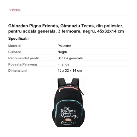 Ghiozdan Pigna Friends, din poliester, pentru scoala generala, teens 3 fermoare, negru, 45x32x14 cm [2]