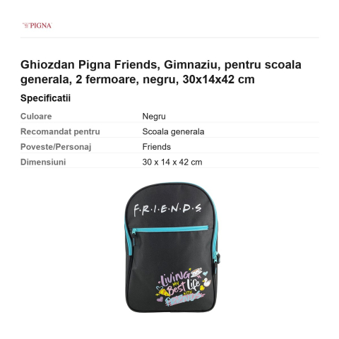 Ghiozdan Pigna Friends, pentru scoala generala, 2 fermoare, negru, 30x14x42 cm [2]