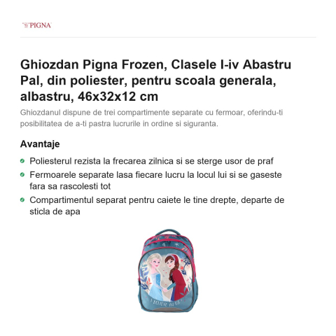 Ghiozdan Pigna Frozen, din poliester, pentru scoala generala, I-IV abastru pal, albastru, 46x32x12 cm [1]
