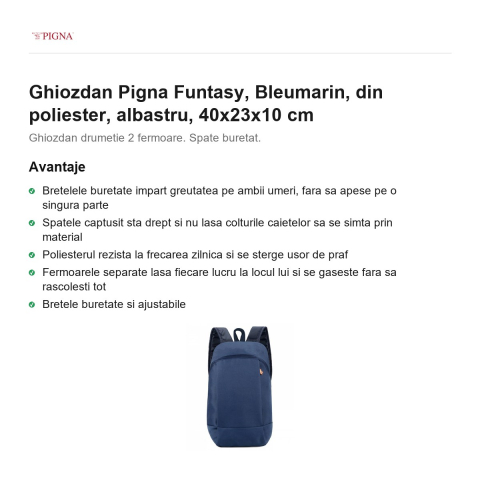 Ghiozdan Pigna Funtasy, din poliester, bleumarin, albastru, 40x23x10 cm [1]