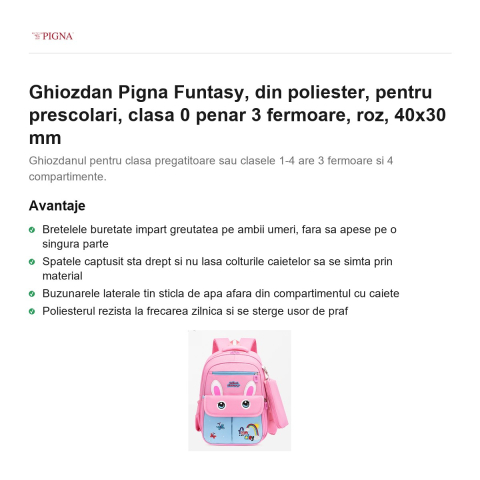 Ghiozdan Pigna Funtasy, din poliester, pentru prescolari, penar 3 fermoare, roz, 40x30 mm [1]