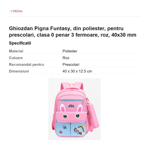 Ghiozdan Pigna Funtasy, din poliester, pentru prescolari, penar 3 fermoare, roz, 40x30 mm [2]