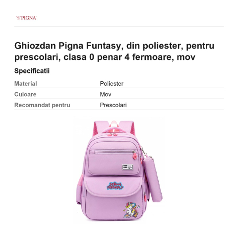 Ghiozdan Pigna Funtasy, din poliester, pentru prescolari, penar 4 fermoare, mov [2]