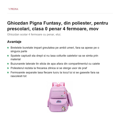 Ghiozdan Pigna Funtasy, din poliester, pentru prescolari, penar 4 fermoare, mov [1]