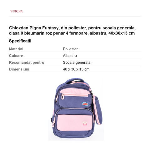 Ghiozdan Pigna Funtasy, din poliester, pentru scoala generala, clasa 0 bleumarin roz penar 4 fermoare, albastru, 40x30x13 cm [2]