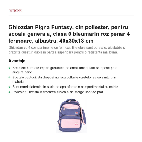 Ghiozdan Pigna Funtasy, din poliester, pentru scoala generala, clasa 0 bleumarin roz penar 4 fermoare, albastru, 40x30x13 cm [1]